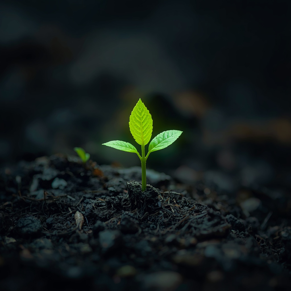 Nano Banana2 prompt: A tiny glowing green sapling sprouting from dark fertile soil in a mystical forest setting, highly detailed, magical lighting, no woman